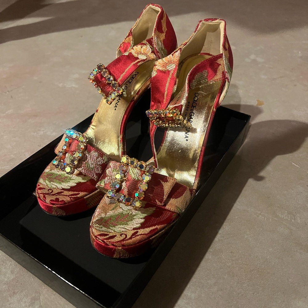 Dolce & Gabbana Red and Gold Embellished Sandal Heels